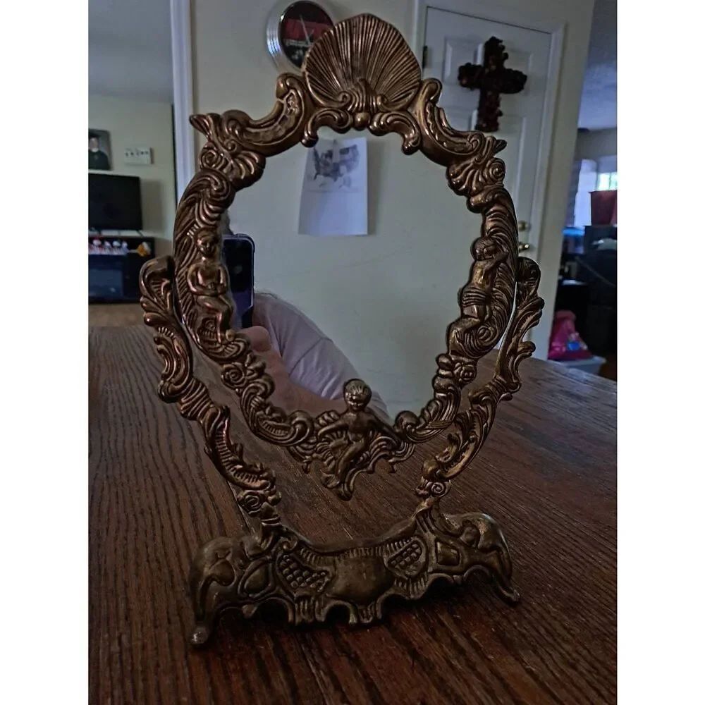 Vintage Ornate Cherub Vanity Dresser Table Victorian Baroque Rotating Mirror